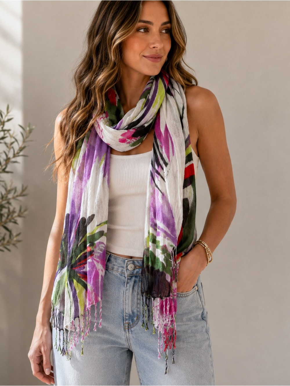 Roxy Lightweight Floral Print Scarf - Purple/Green/White